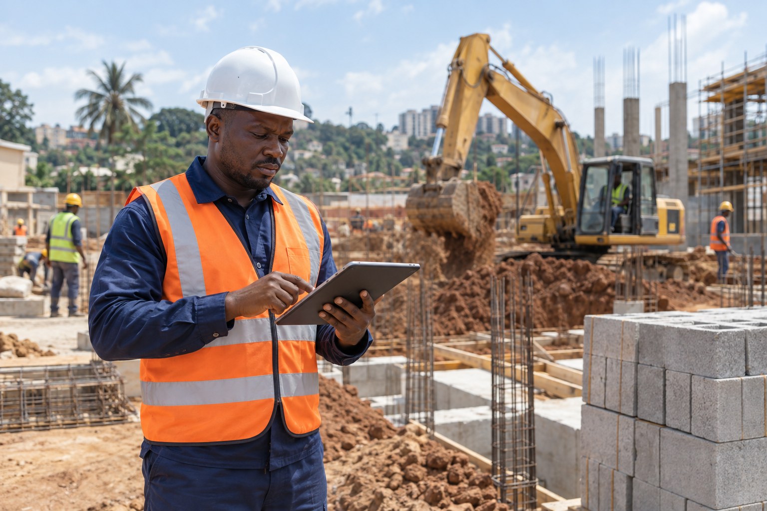 Illustration d’un responsable de chantier avec une tablette près d’un engin BTP